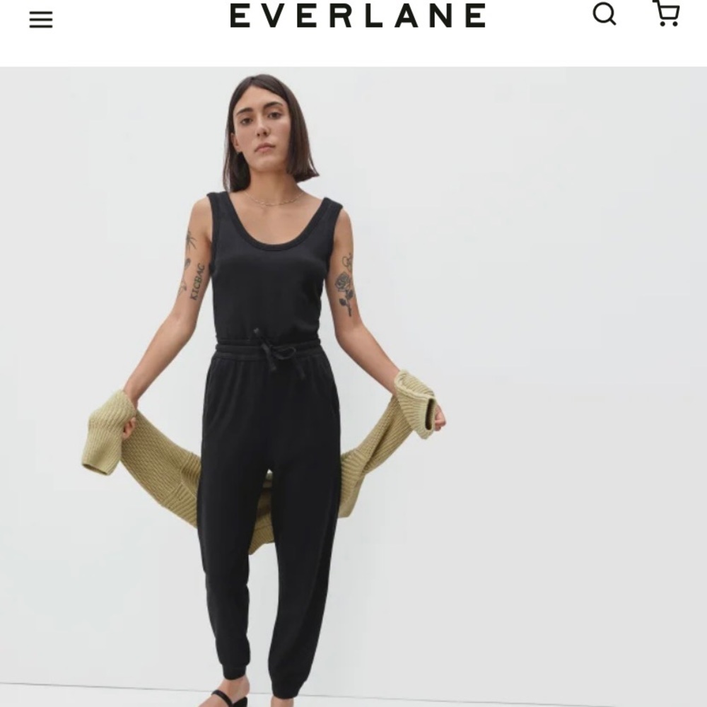 everlane french terry jumpsuit, black